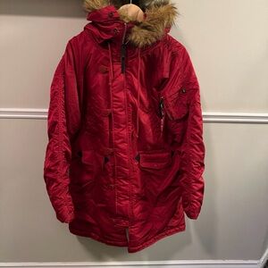 Alpha Industries N-3B Snorkel Parka Red Faux Fur Hood Military Jacket XL